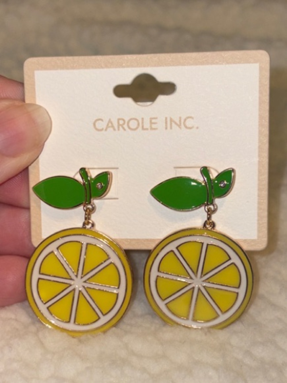 NEW-Carole Inc-Lemon🍋Slice-Post Dangle Earrings-Yellow, Green & White Enamel